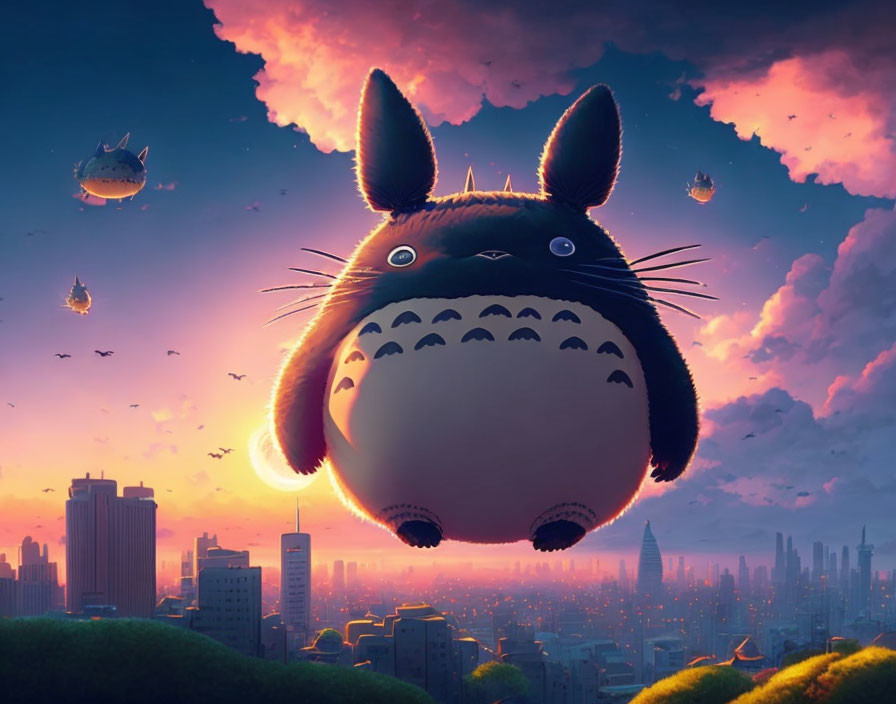 Whimsical black creature with rabbit-like ears in sunset cityscape