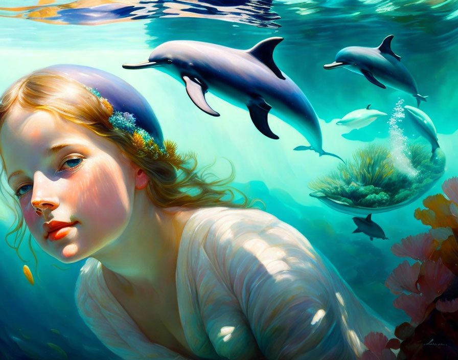 Tranquil underwater scene with young woman and dolphins surrounded by marine flora