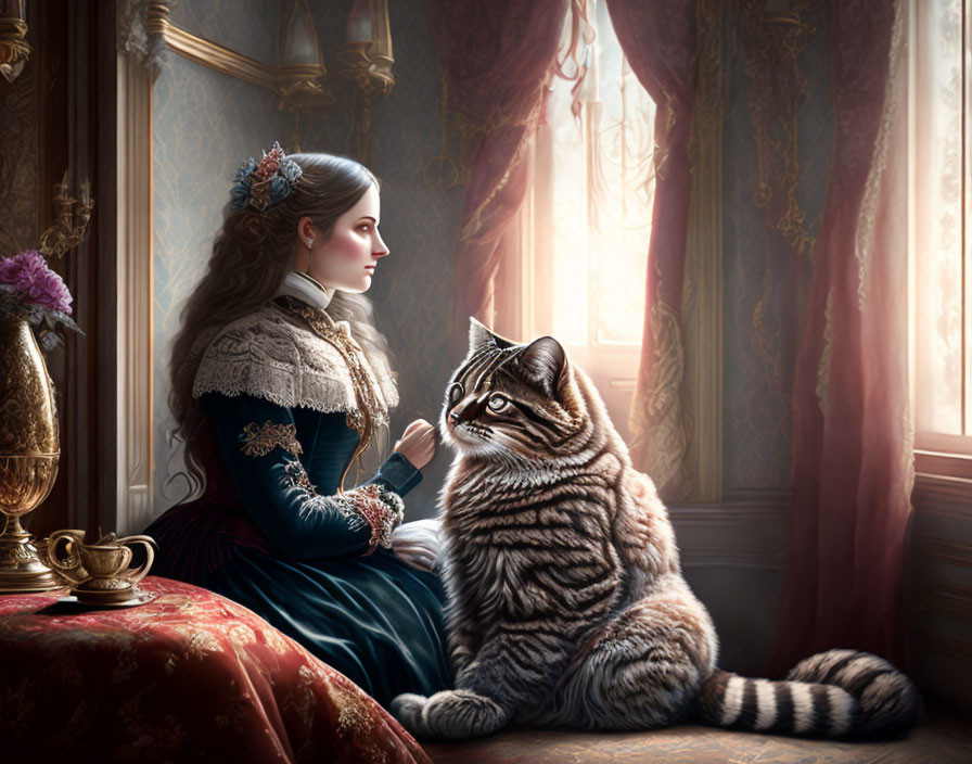 Vintage interior portrait: Woman in elegant attire with tabby cat by window