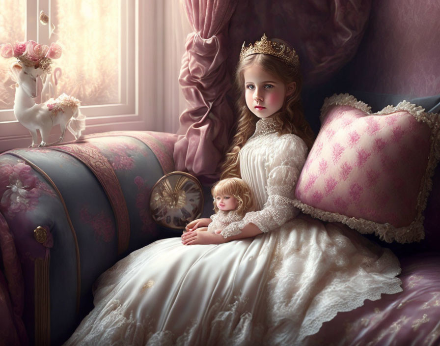 Young girl in vintage gown with crown by window and plush pillows, doll, decorative cat.