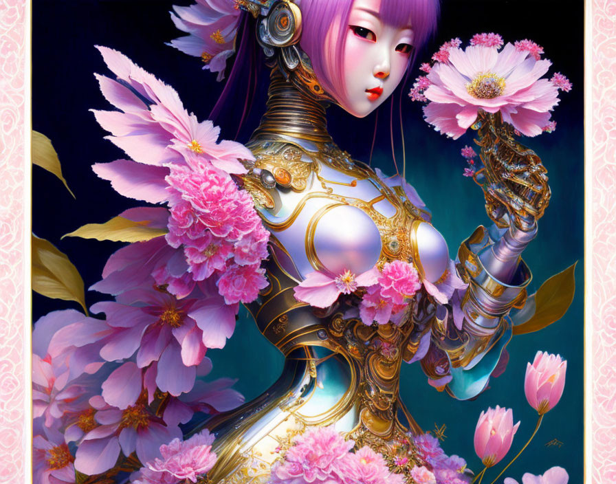 Illustration of Female Figure in Purple Hair & Golden Armor with Pink Flowers