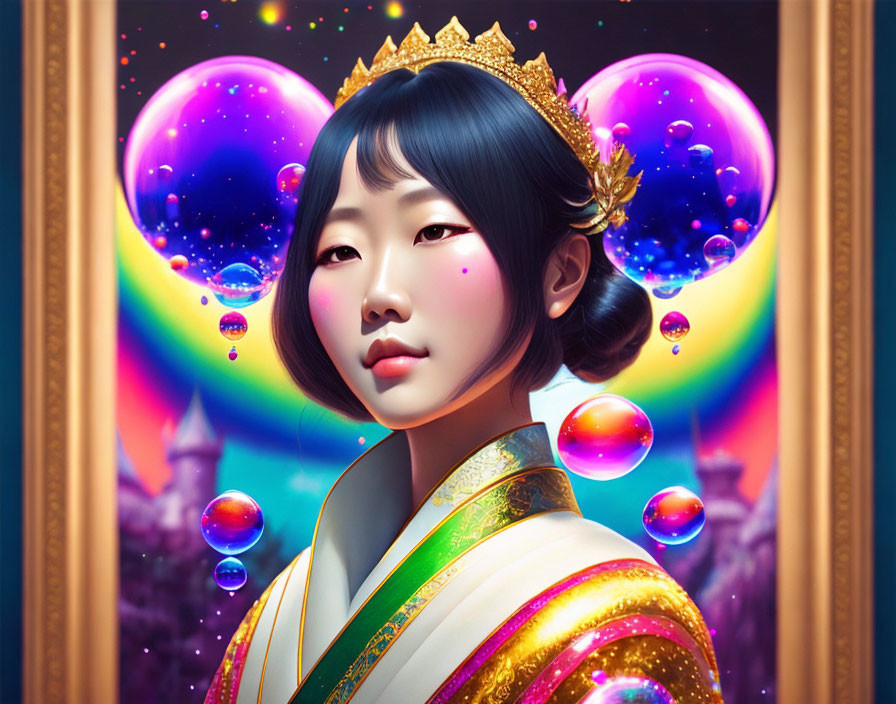 Colorful portrait of woman in traditional attire with crown, glowing orbs, and fantasy backdrop