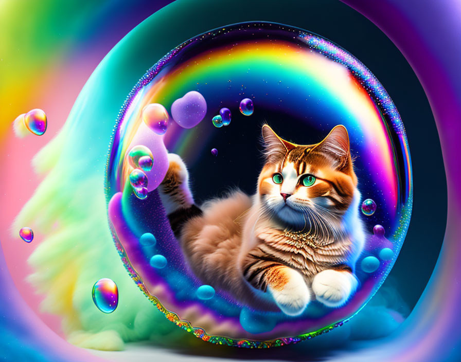 Colorful Digital Art: Orange Tabby Cat in Bubble Portal