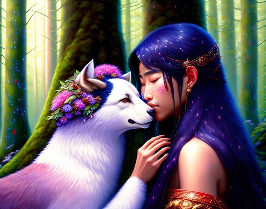 Girl with Blue Hair and Flower Crown Leaning on White Wolf in Mystical Forest