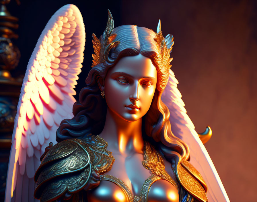 Detailed 3D illustration of female figure in elegant armor with wings