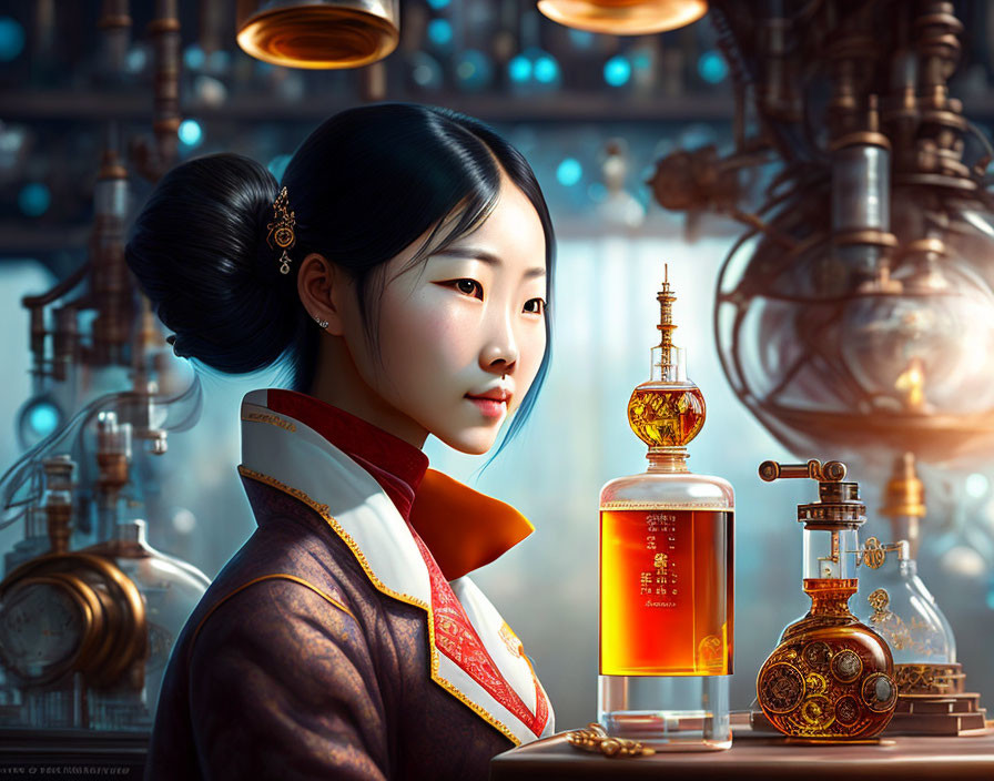 Digital artwork: Woman in traditional attire with ornate bottle in steampunk setting