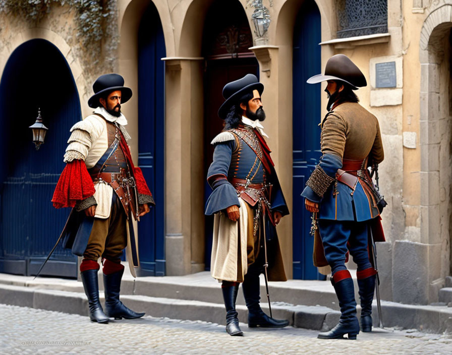 Three men in historical costume with muskets and hats conversing on cobblestone street.