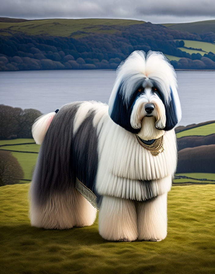 Fluffy Old English Sheepdog on grassy hill with stylish neck accessory