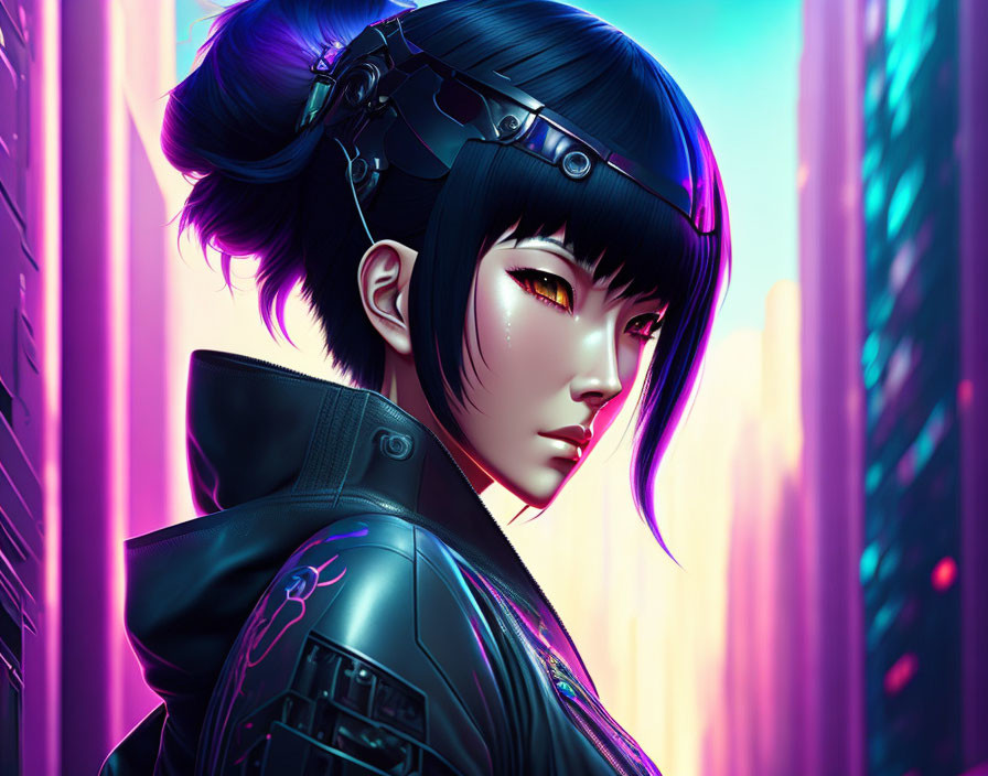 Cyberpunk-themed woman with blue hair in futuristic attire against neon-lit cityscape