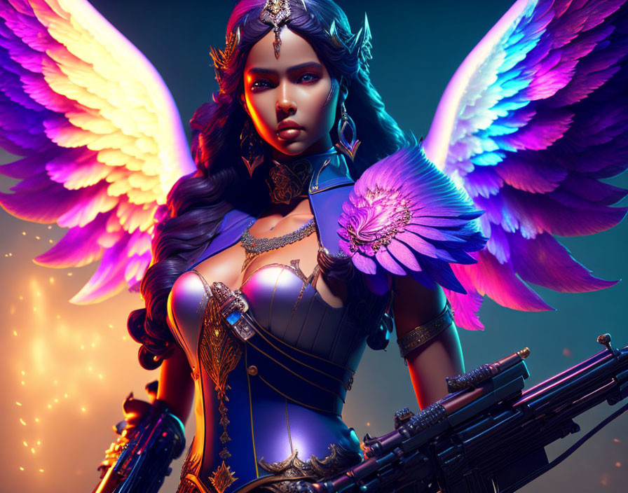 Digital illustration: Woman with purple wings, ornate armor, and rifle on sparkling background
