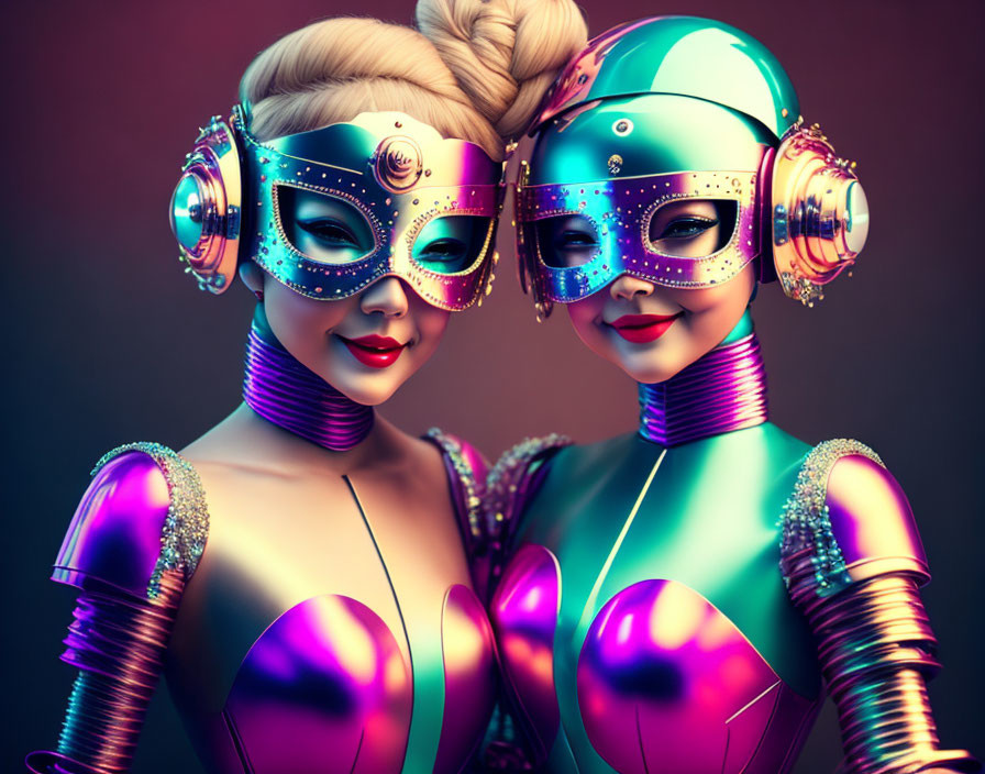 Futuristic female robots with elaborate headgear and metallic bodysuits
