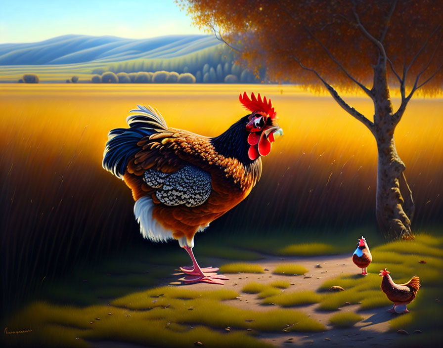 Colorful rooster and two hens in golden field with rolling hills