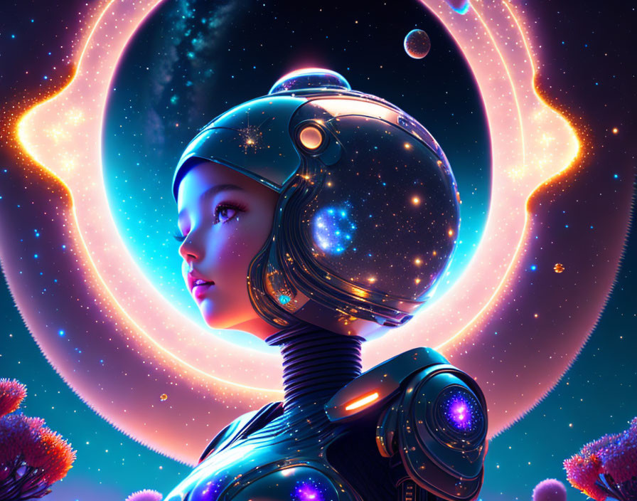 Female Android in Space Helmet: Digital Artwork with Cosmic Nebulas