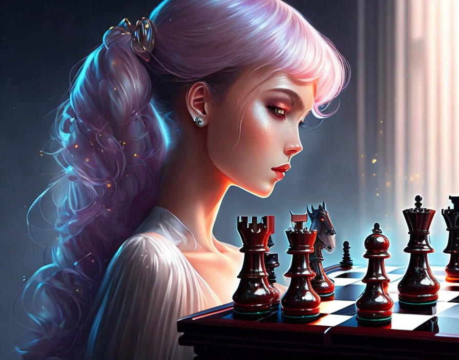 Illustrated woman with pastel pink hair contemplates chessboard under soft light