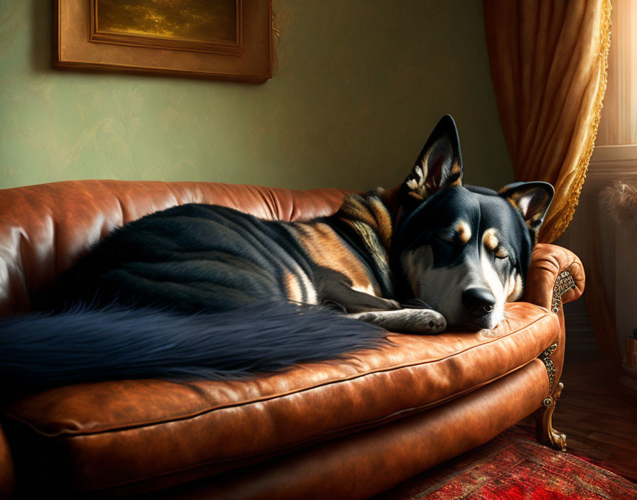 Black and Tan Dog Sleeping on Brown Leather Couch in Cozy Room