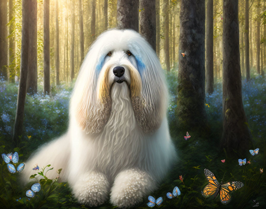 White Long-Haired Dog Surrounded by Butterflies in Forest