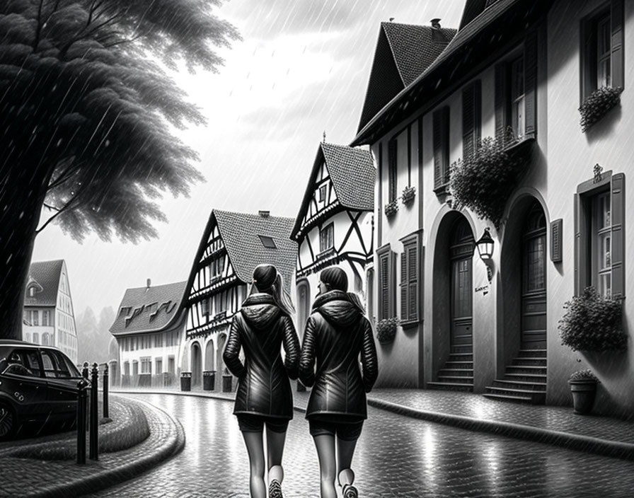 Two people walking in rain on cobblestone street with traditional houses under cloudy sky
