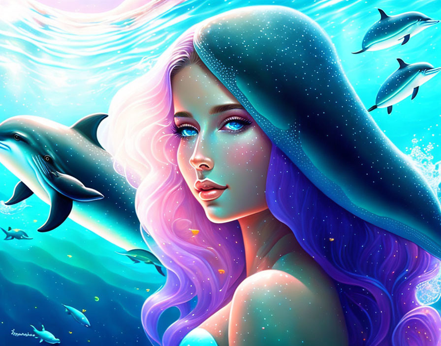 Illustration of mysterious woman with galaxy hair underwater among dolphins