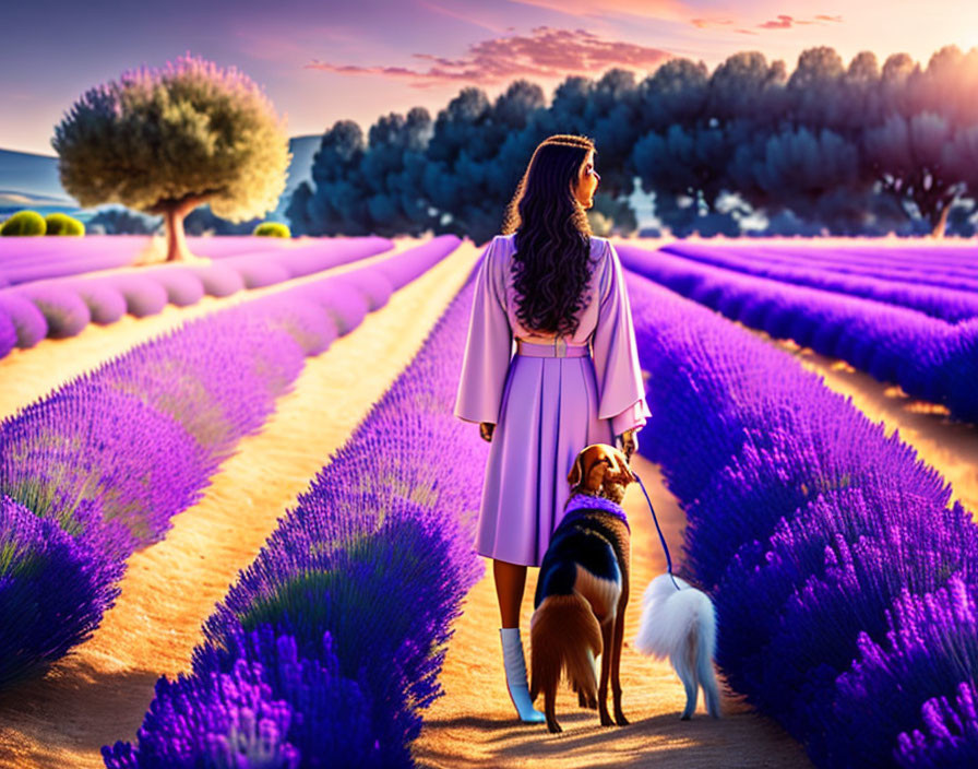 Woman in purple dress walking with dog in vibrant lavender field at sunset