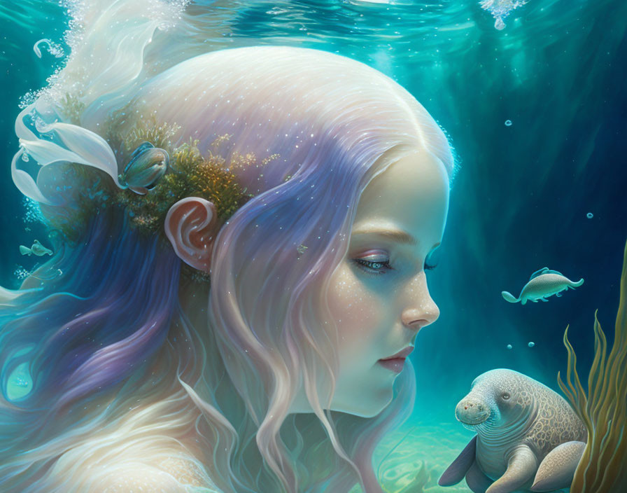 Mythical woman underwater with colorful hair and friendly manatee among aquatic life.