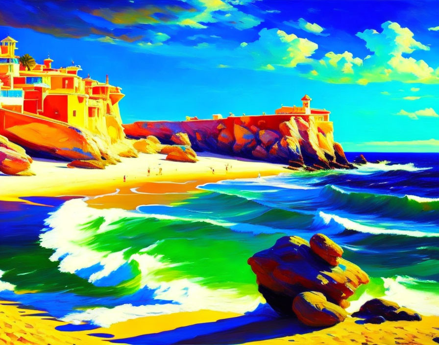 Vibrant beach scene with azure waves, sandy shore, people, rocks, buildings, lighthouse