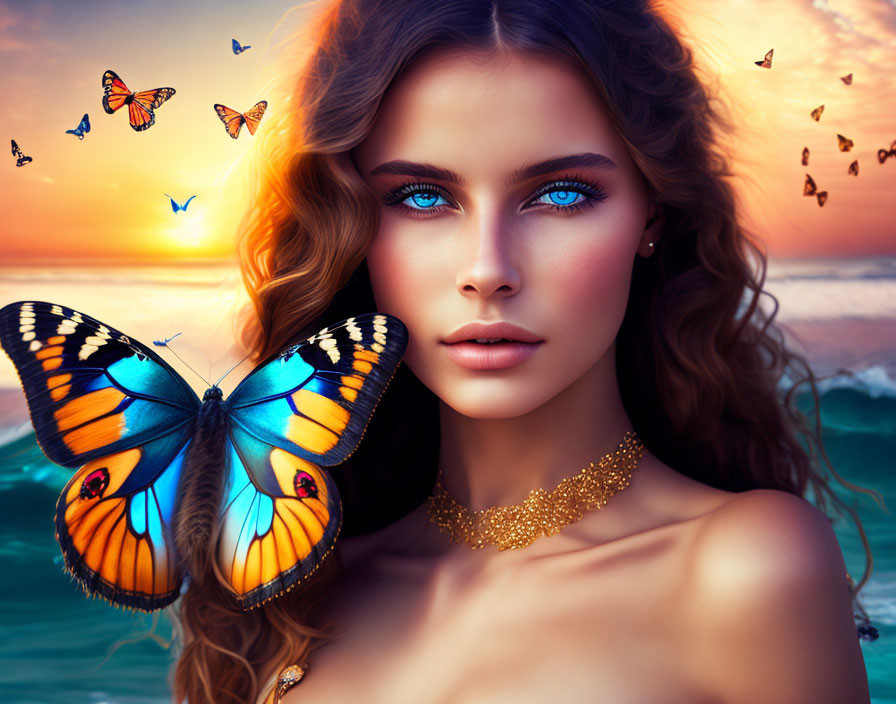 Woman with blue eyes and butterfly on shoulder at seaside sunset.