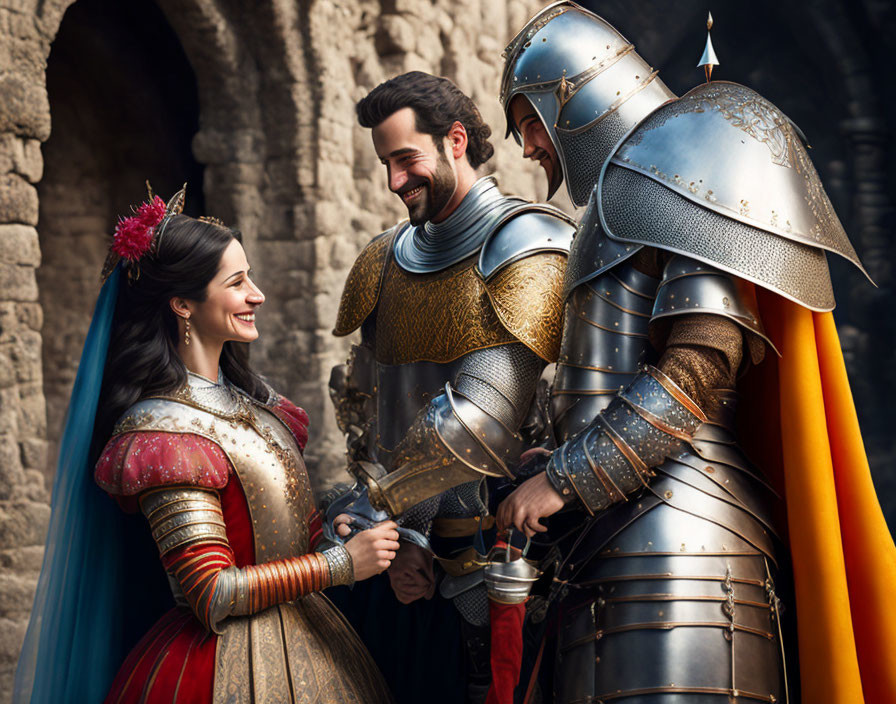 Medieval-themed image with smiling woman, knight, and man in castle setting