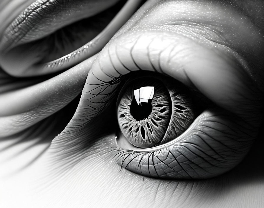 Detailed monochrome close-up of human eye features