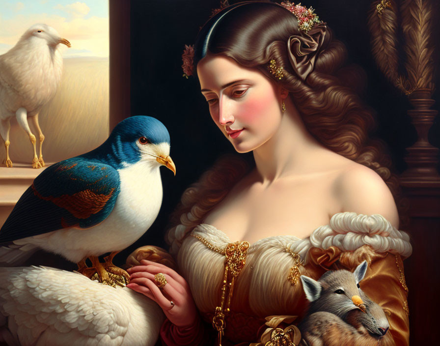 Classical-style painting of a serene woman with animals