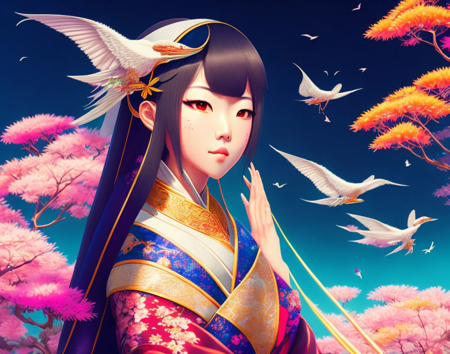 Digital Artwork: Woman in East Asian Attire with Birds and Blossoms