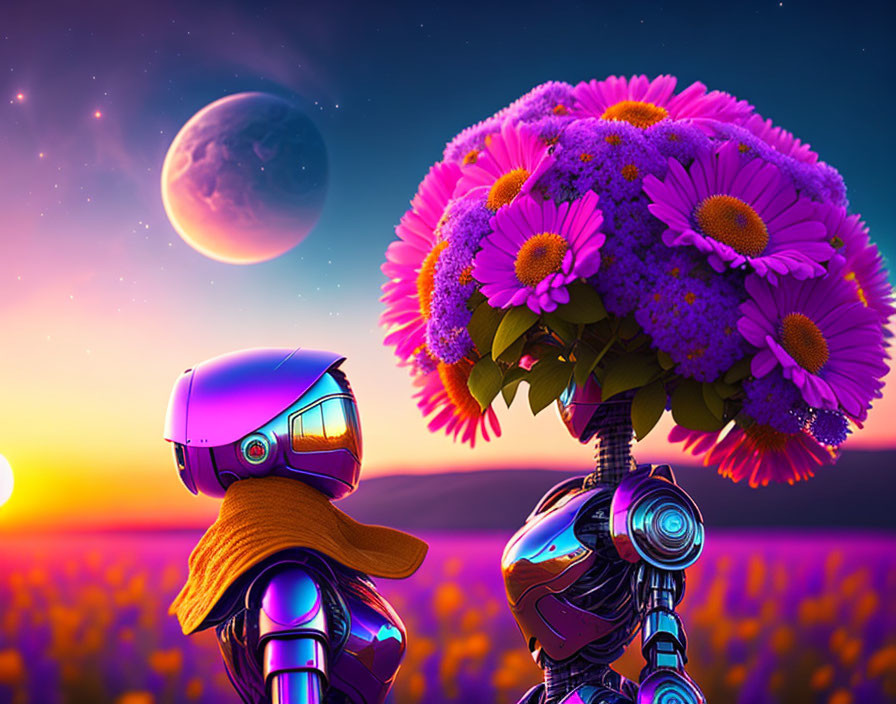 Futuristic robot with scarf and flowers under vibrant sunset and moon