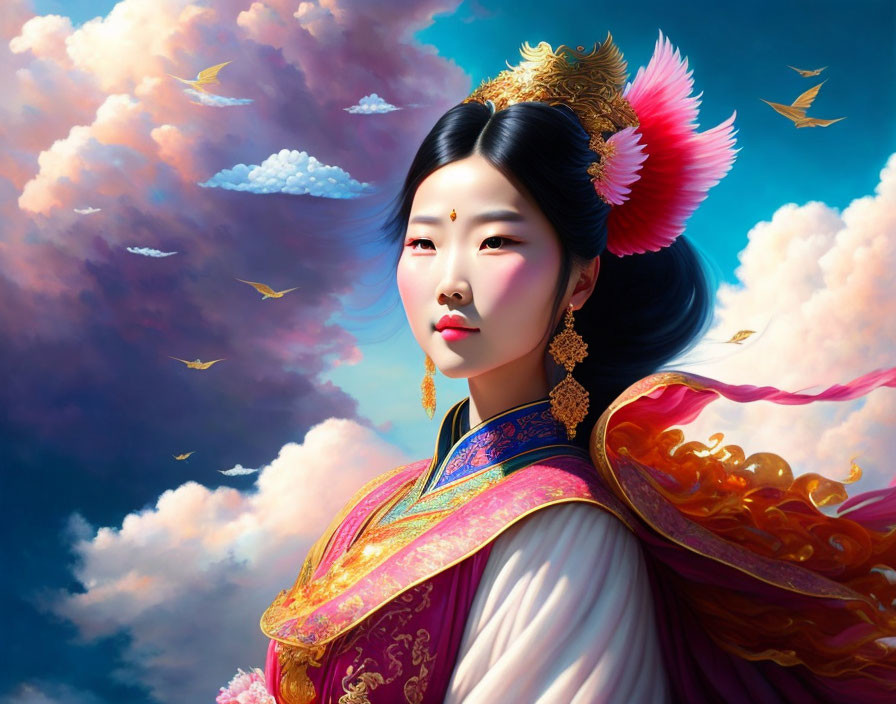 Illustration of East Asian woman in traditional regalia with golden accessories and feather, against dramatic sky.