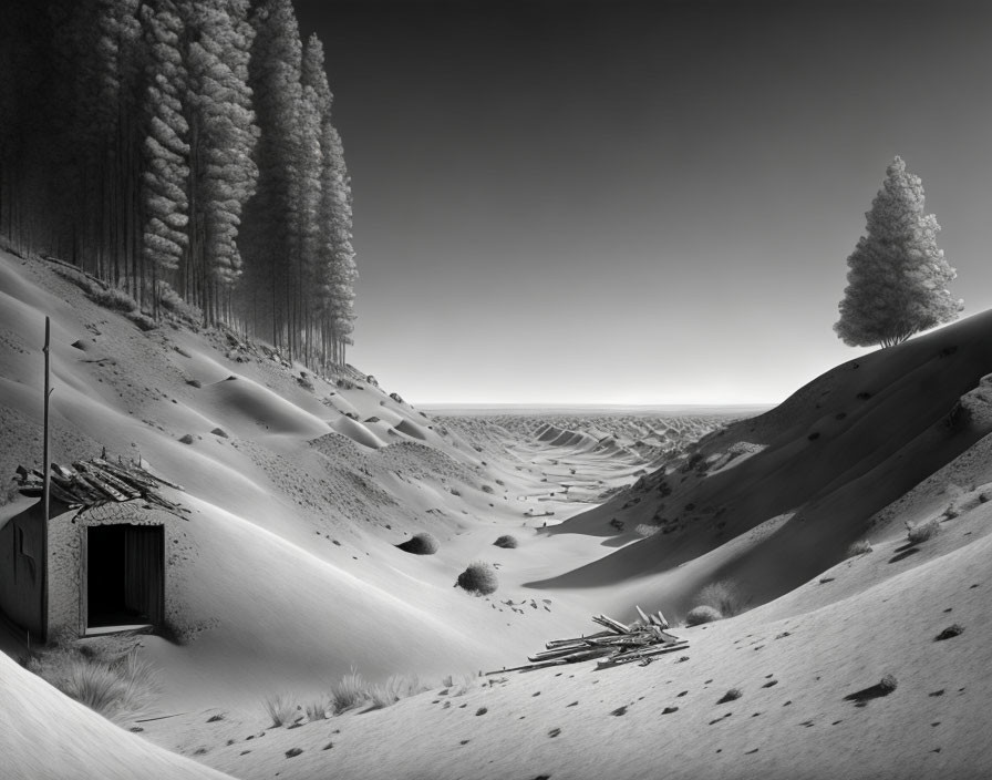 Monochrome desert landscape with sand dunes, wooden shack, sparse vegetation, and tall trees.