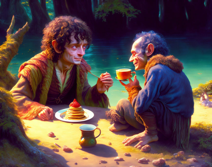 Animated hobbit and goblin characters enjoying pancakes and tea in whimsical forest
