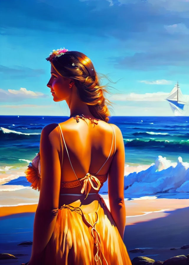 Woman in yellow dress admiring sailboat on ocean under blue sky