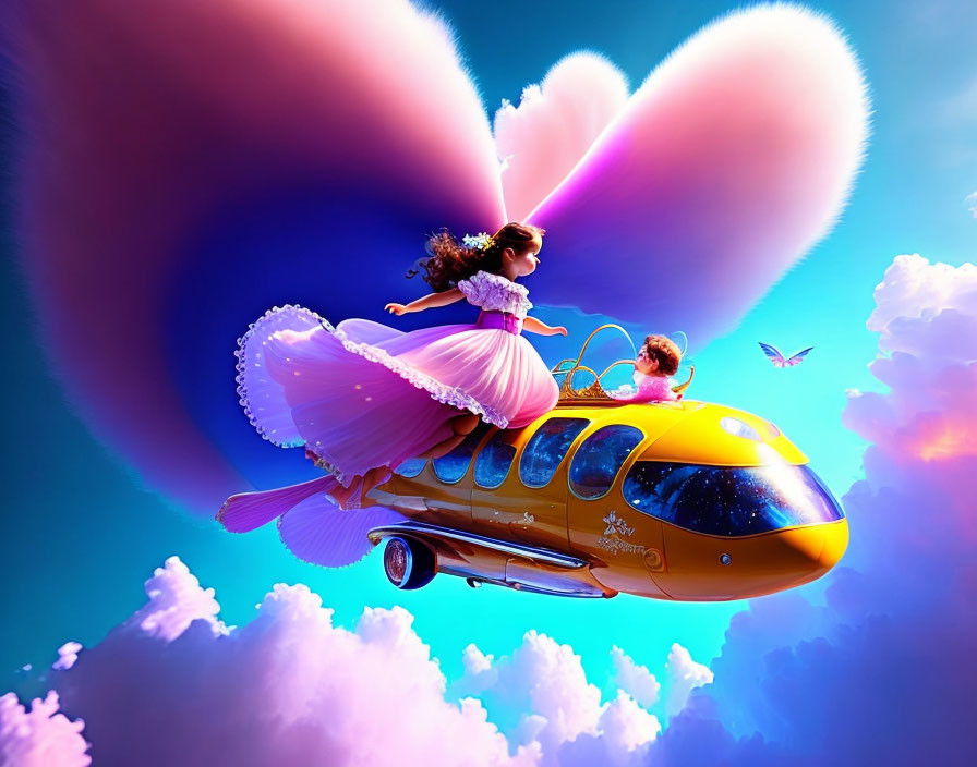 Girl in gown on flying yellow submarine with vibrant clouds and butterflies