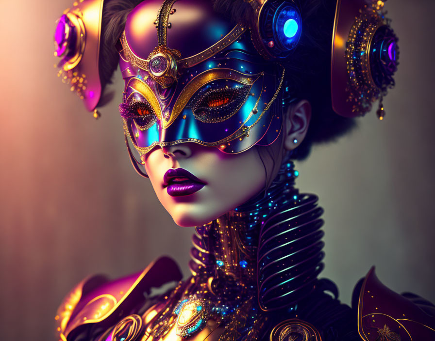 Woman in ornate golden mask and futuristic attire exudes elegance and sci-fi allure