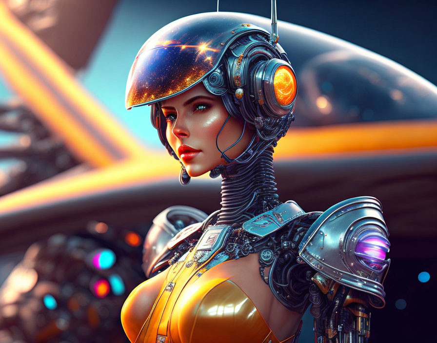 Futuristic female android with reflective helmet in sci-fi setting