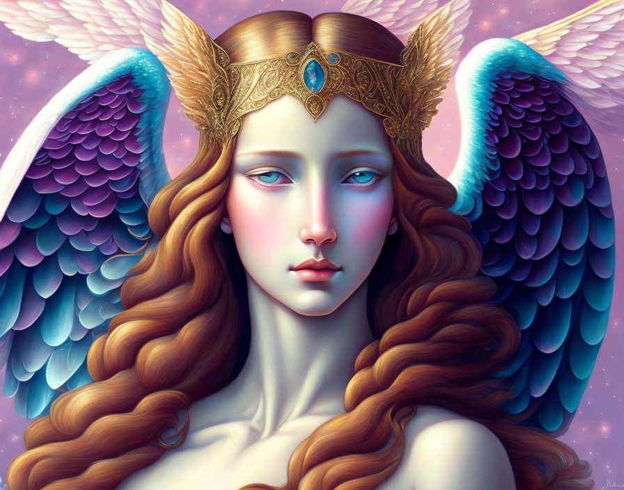 Illustration of woman with angel wings, golden crown, gemstone, long wavy hair, against