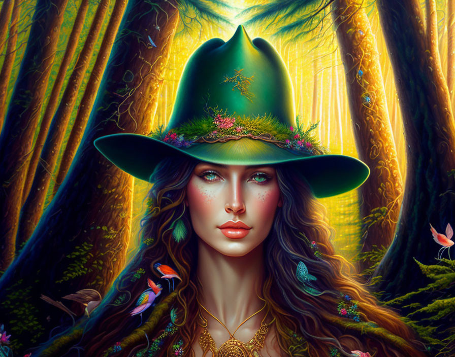 Woman in Green Flower Hat in Enchanted Forest Scene