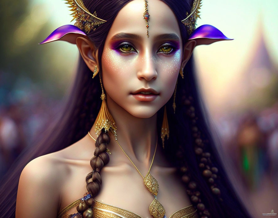 Fantasy Artwork: Female Character with Elf Ears, Golden Jewelry, Braided Hair, and