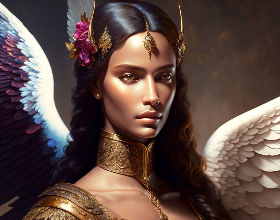 Digital artwork of woman with white wings and golden fantasy armor exuding regal aura
