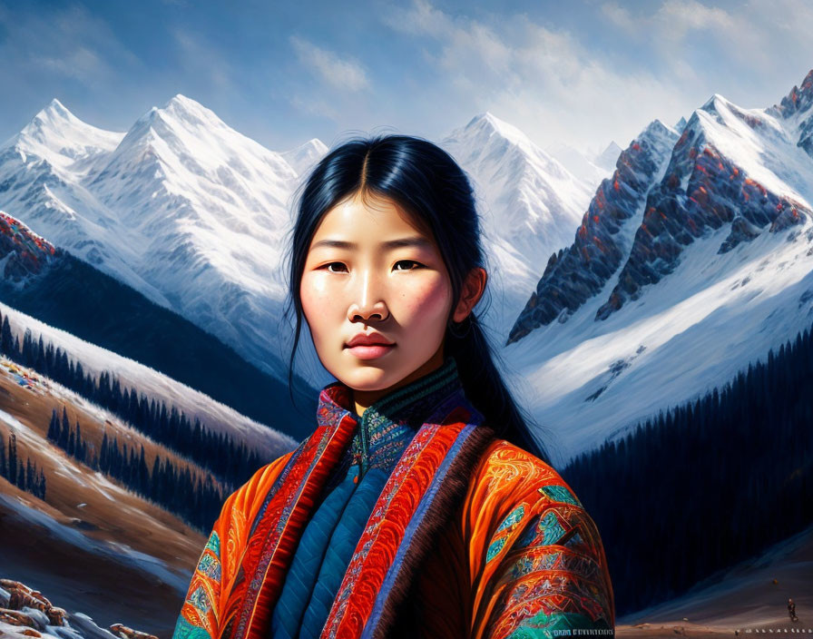 Serene young Asian woman in traditional attire against snowy mountains