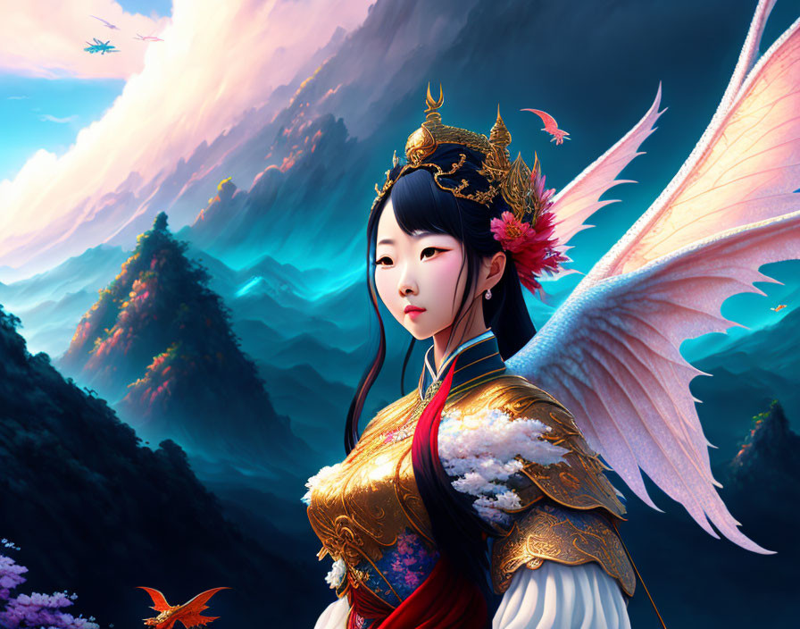 Regal woman in ornate attire with winged shoulders against mountain backdrop