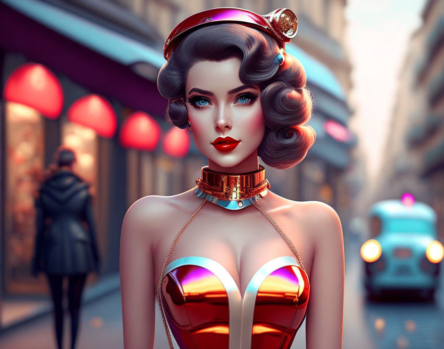 Illustrated retro-futuristic woman in vibrant attire and red lipstick against urban backdrop