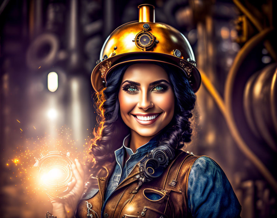 Steampunk woman with brass helmet holding glowing orb in industrial setting