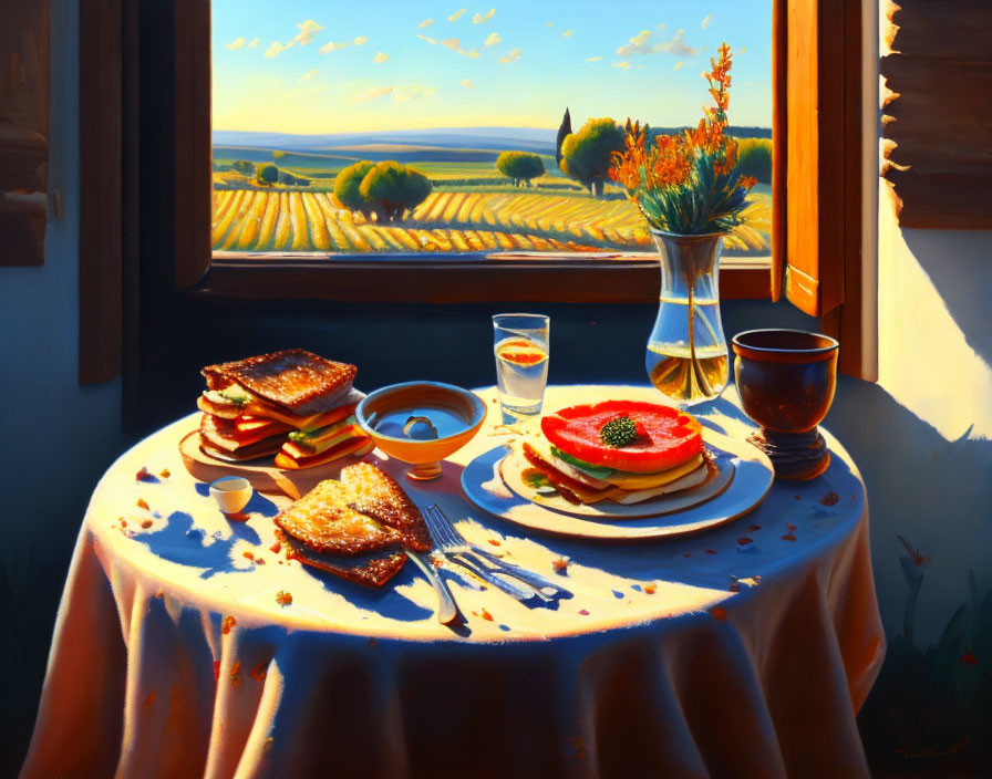 Bright breakfast scene with open window and countryside view.