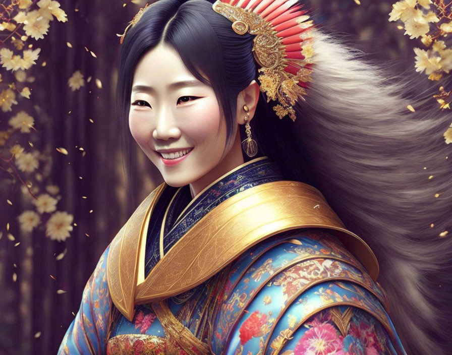 Traditional Asian Attire Woman Smiling Amid Falling Cherry Blossoms