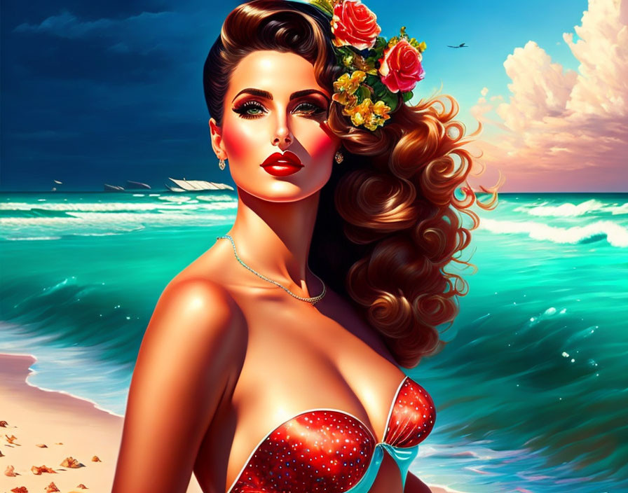 Digital artwork of woman with voluminous hair and flower-adorned swimsuit by azure ocean
