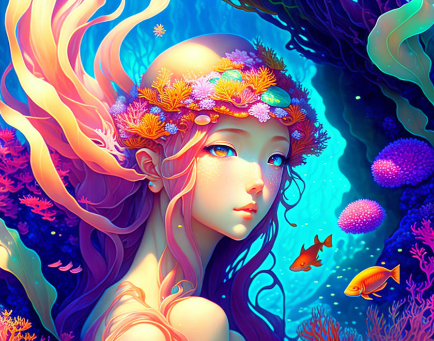 Vibrant illustration of whimsical woman with flowing hair and underwater theme